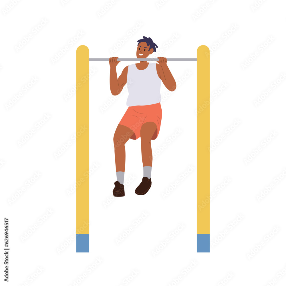 Young man character pulling up using street bar equipment enjoying daily sport fitness routine