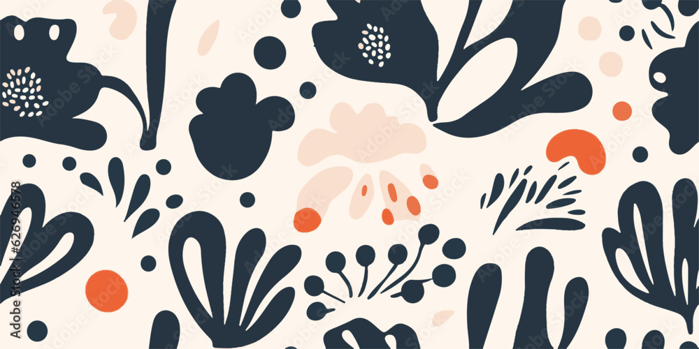 Fototapeta premium Hand drawn minimal abstract flowers and shapes pattern. Collage cute print. Fashionable template for design. Modern ethnic style