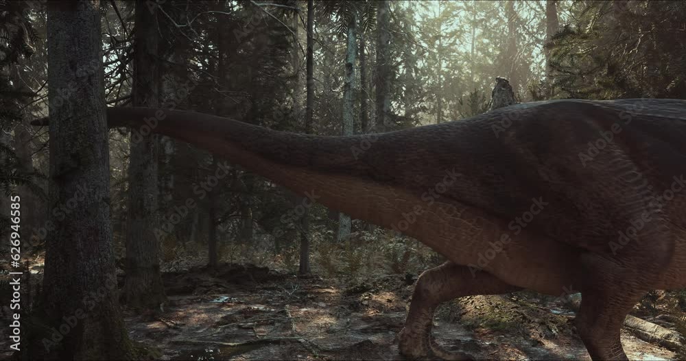 Tyrannosaurus walks through the Jurassic jungle. The Age of Dinosaurs. T-rex hunting. 3D rendering