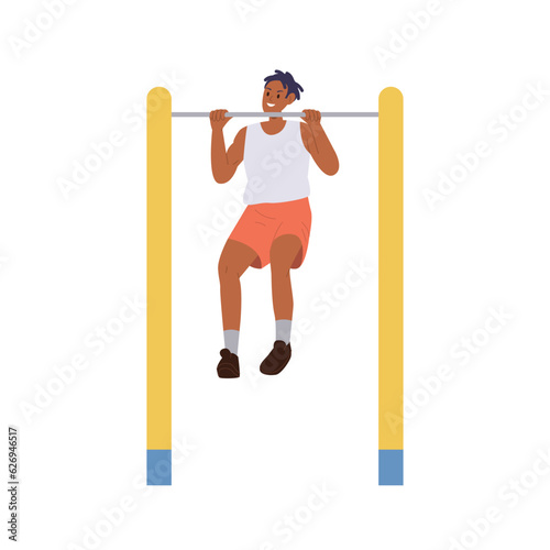 Young man character pulling up using street bar equipment enjoying daily sport fitness routine