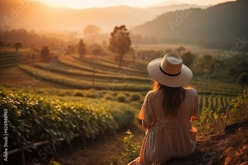 Woman in a field, Lifestyle traveler women happy feeling and relax