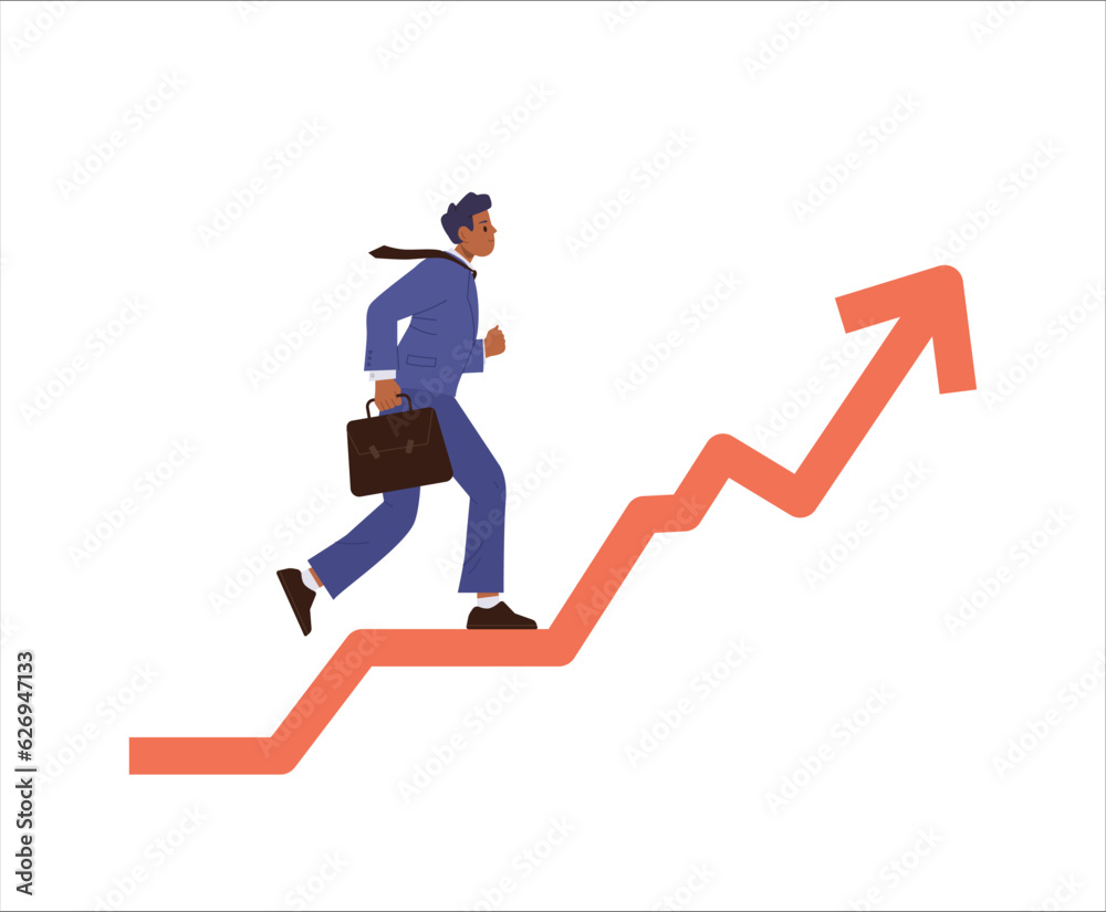 Office worker or businessman character with briefcase running in rush along red growing arrow Office worker or businessman character with briefcase running in rush along red growing arrow