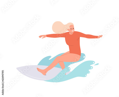 Excited woman surfer catching wave riding high on surfboard through ocean surface isolated design