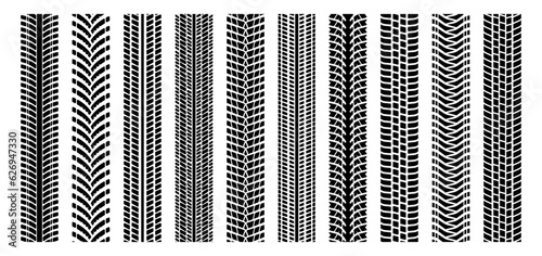 Machinery tire tracks. Motorcycle and car tires marks trail, dirt tire traces on street, rubber tire marks for rally car and bike. Vector isolated set. Motor vehicle driving road print