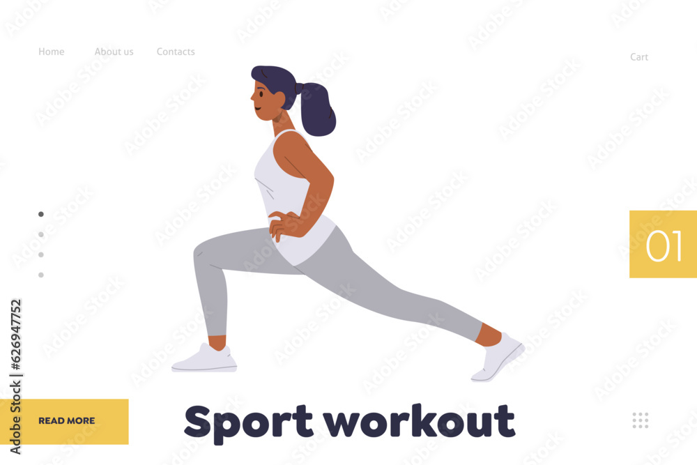 Naklejka premium Sport workout promoting landing page design template with healthy woman doing stretching exercise