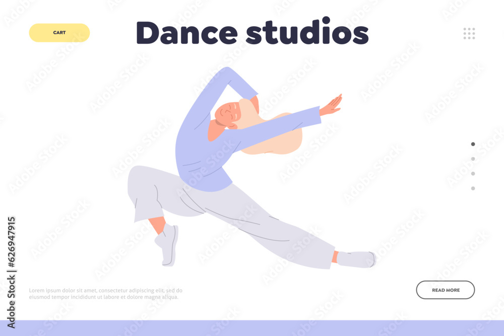 Naklejka premium Dance studio online service landing page design template with impressive woman dancer performing