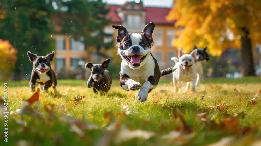Cute funny Boston Terrier dogs group running and playing on green grass with kids background in park in autum, Generative AI