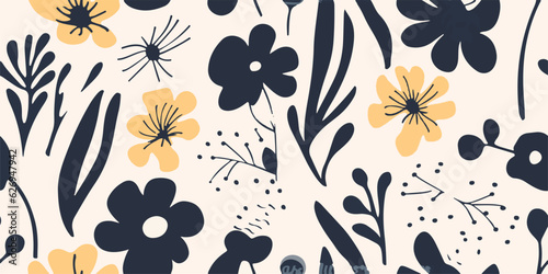 Hand drawn abstract cute flowers simple pattern. Collage contemporary print. Fashionable template for design