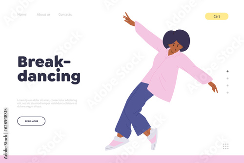 Break dancing landing page design template for online teenager school or training club service