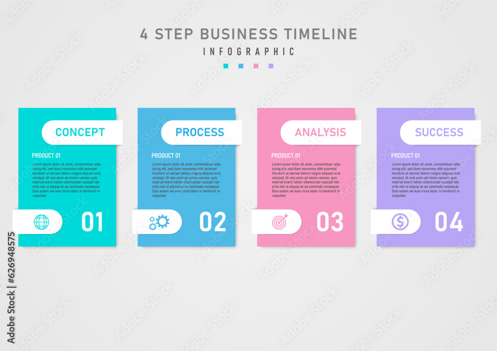 infographic template simple 4 business steps multi colored squares middle letter Below are numbers and icons on white rounded squares. gray gradient background design for marketing, product, project