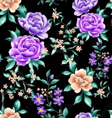 Watercolor flowers pattern, purple and yellow tropical elements, green leaves, black background, seamless