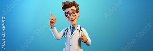 Cartoon Character Smart Trustworthy Doctor, Professional Caucasian Male Specialist. Medical Clip Art Isolated On a Blue Background with a Copy Space. Made With Generative AI.