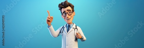 Cartoon Character Smart Trustworthy Doctor, Professional Caucasian Male Specialist. Medical Clip Art Isolated On a Blue Background with a Copy Space. Made With Generative AI.