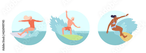 Isolated round icon composition set with happy sportive people surfer enjoying riding board in water