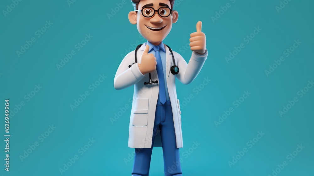 Young male doctor with stethoscope and glasses shows thumbs up.. Medical Clip Art Isolated On a Turquoise Background with a Copy Space.