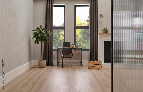 Modern room concept with chair, table, desk, fireplace and home object, room concept, window view garden and city style.