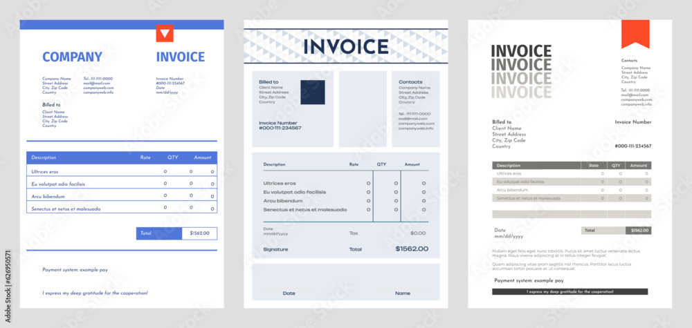 Business invoice. Blank accounting bill with total price, method of payment and date. Vector invoice template. Document with expenses calculation for client, bookkeeping or paperwork concept Business invoice. Blank accounting bill with total price, method of payment and date. Vector invoice template. Document with expenses calculation for client, bookkeeping or paperwork concept