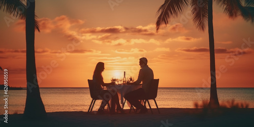 Romantic Sunset Dinner: Couple Enjoying Beachside Meal with Palm Trees - AI generated