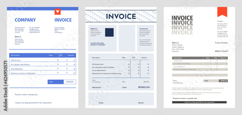 Business invoice. Blank accounting bill with total price, method of payment and date. Vector invoice template. Document with expenses calculation for client, bookkeeping or paperwork concept