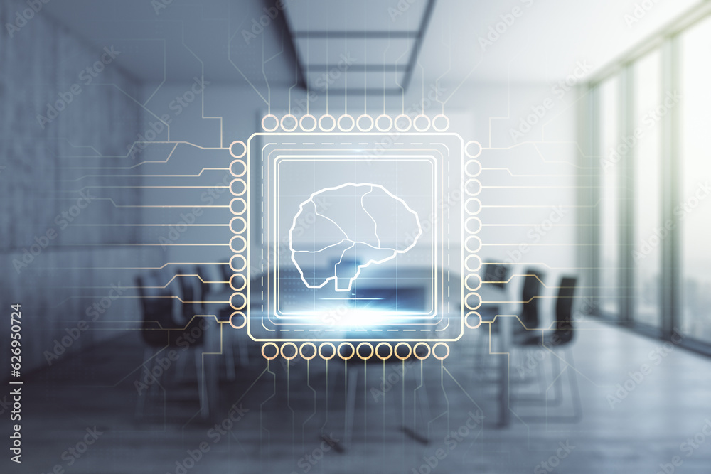 Virtual creative artificial Intelligence hologram with human brain sketch on a modern conference room background. Multiexposure Virtual creative artificial Intelligence hologram with human brain sketch on a modern conference room background. Multiexposure