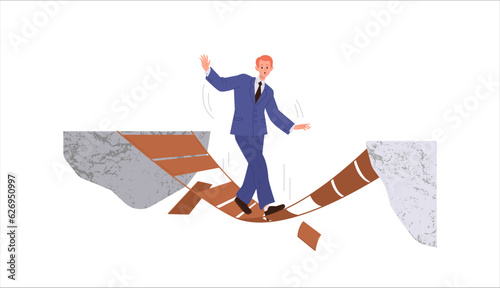 Businessman cartoon character overcoming gorge walking on broken wooden bridge between rock cliff
