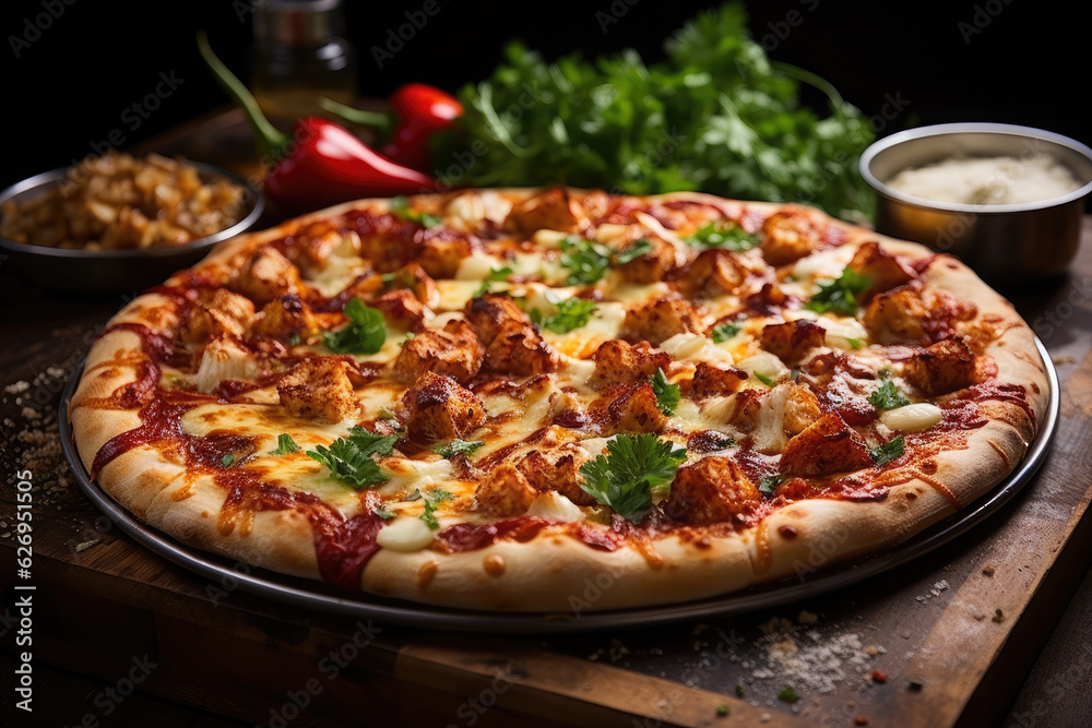 Top view image of Italian pizza with cheese, chicken, paprika and onion.