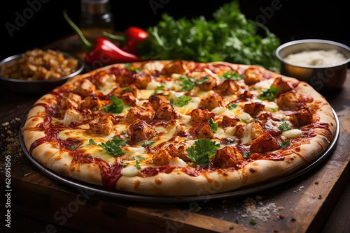 Top view image of Italian pizza with cheese, chicken, paprika and onion.