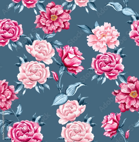 Watercolor flowers pattern, pink tropical elements, blue leaves, blue background, seamless