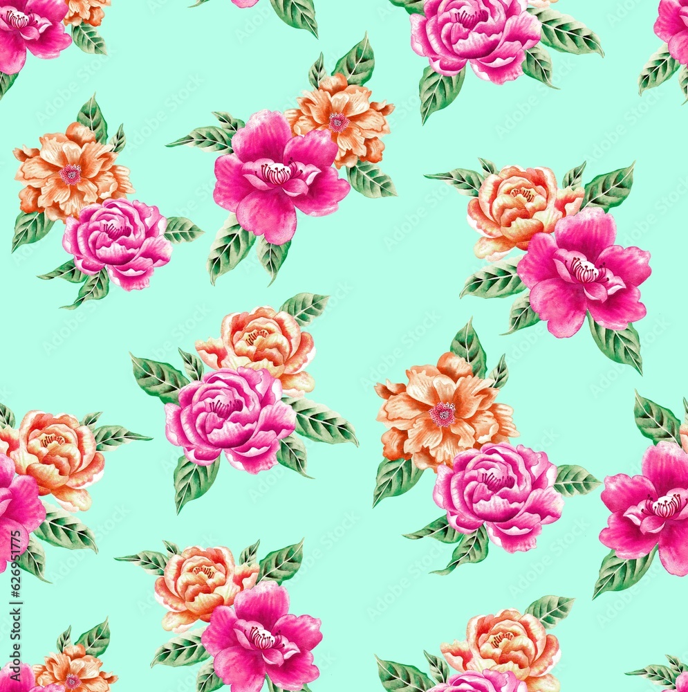 Watercolor flowers pattern, pink and yellow tropical elements, green leaves, green background, seamless