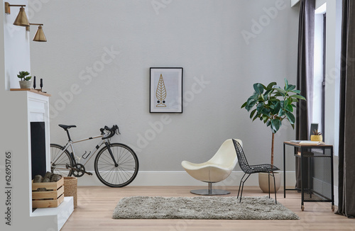Obraz na płótnie Decorative white chair and plant style in the room, interior concept decoration, grey stone wall, frame and carpet design