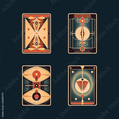 Cartoon Color Different Types Tarot Cards Back Set Concept Flat Design Style. Vector illustration of Card Deck with Abstract Print