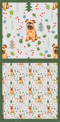 Seamless setter dogs pattern, winter Happy Christmas texture.Square format, t-shirt, poster, packaging, textile, socks, textile,fabric, decoration, wrapping paper. Trendy hand-drawn brussels griffons.