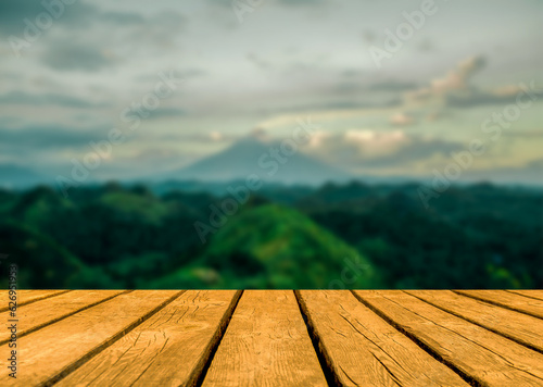 Wooden floor on mountain background, montage, background, advertisement, flyer, media, website, news