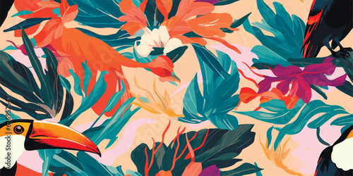 Modern exotic jungle plants illustration pattern with toucan bird. Creative collage contemporary floral seamless pattern. Fashionable template for design