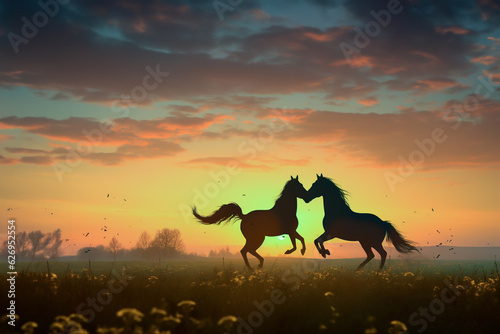 Two joyful horses are silhouetted against a vibrant backdrop  their spirit only enhanced by the beauty of the blooming flowers 
