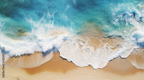 Sandy beach and blue waves from ariel view 