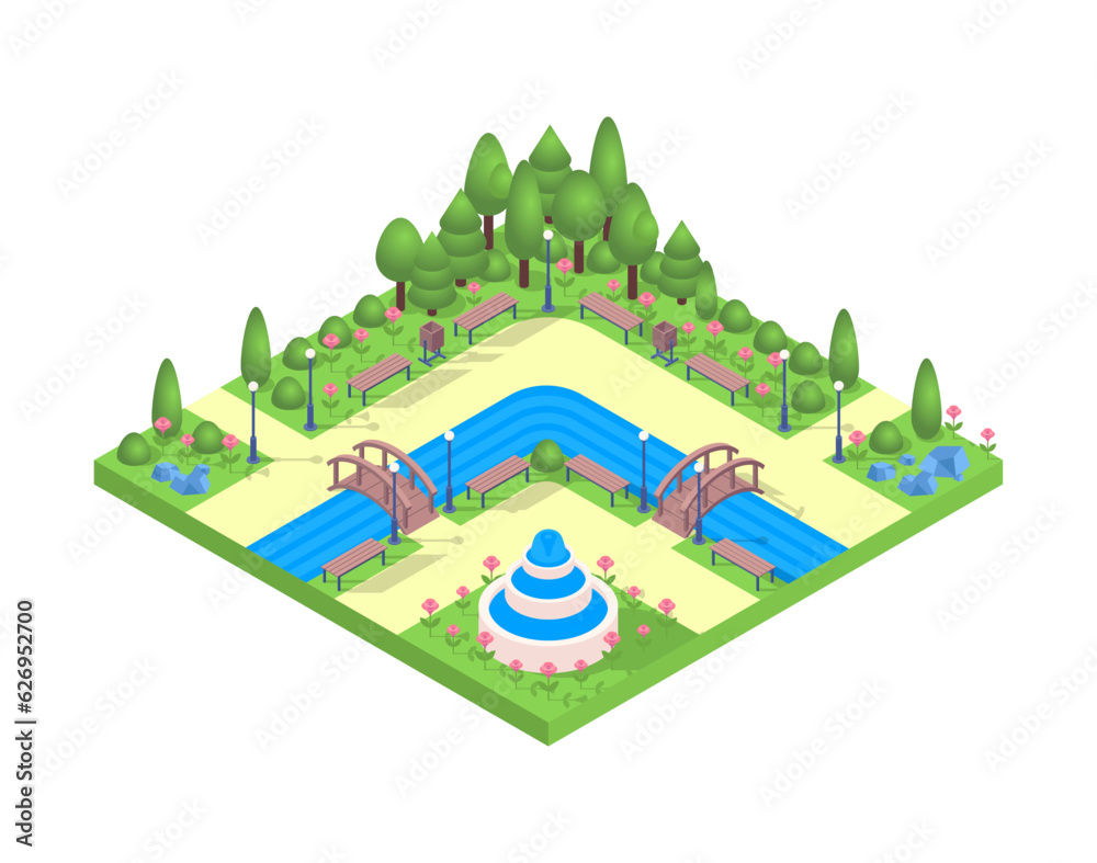 Color Public City Park with River and Wood Bridge Recreation Area Concept Isometric View Element. Vector illustration