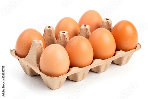 Eggs in carton on white background, generative AI