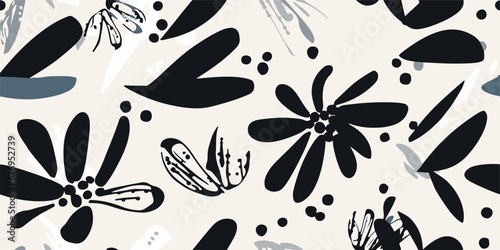 Hand drawn simple black and white abstract floral print. Modern collage pattern. Fashionable template for design