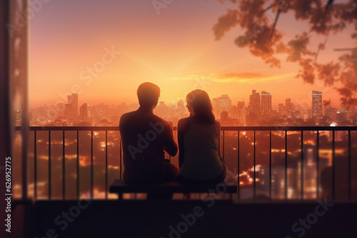 Romantic Evening Serenity: Couple Watching Urban Sunset from Balcony - AI generated
