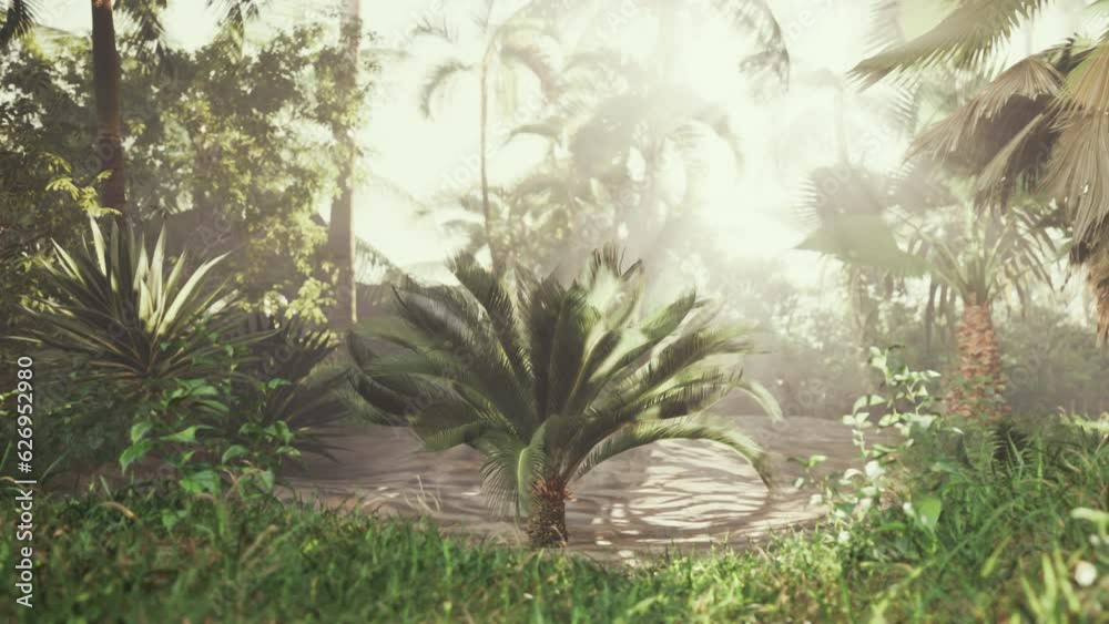 Warm rays streaming through lush palm foliage Warm rays streaming through lush palm foliage