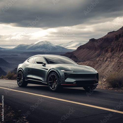 electric suv on road with mountain views 