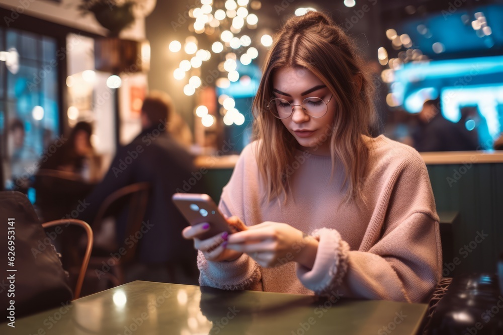 A stylish 20-year-old woman using a sleek smartphone while sitting at a trendy cafe, highlighting the integration of technology and lifestyle. Generative AI