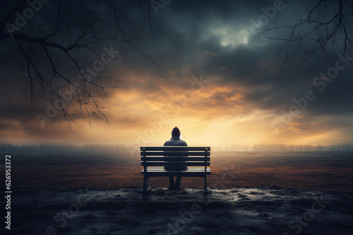 silhouette of lonely person sitting on a bench
