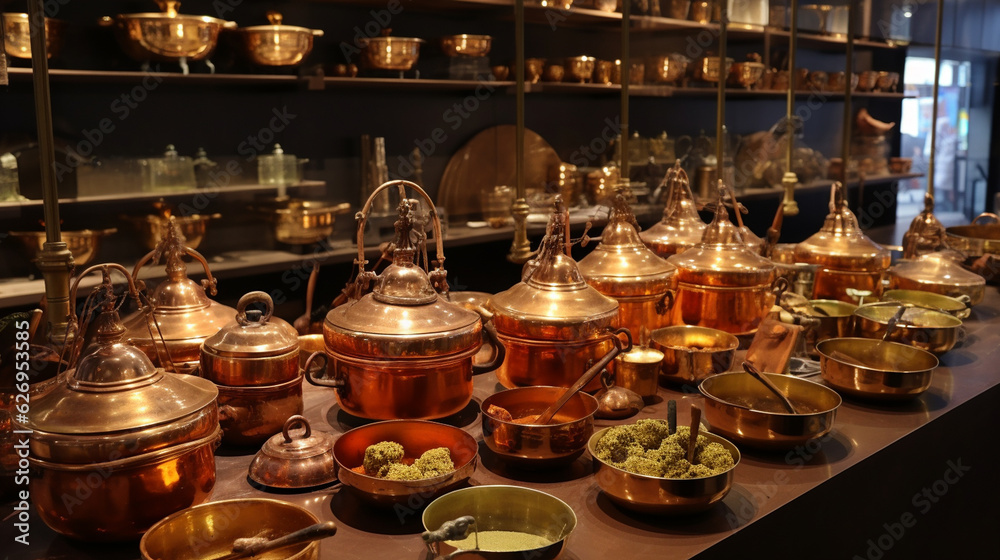 A stunning showcase of Indian brass tawas and copper pots, reflecting the rich heritage of Indian culinary practices Generative AI
