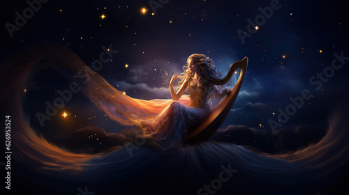 Tableau sur toile Girl playing harp on a floating platform among constellations