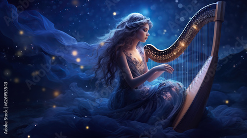 Fotografiet Girl playing harp on a floating platform among constellations