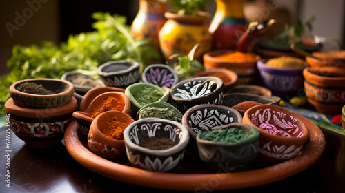 An array of vibrant and intricately designed Mexican molcajetes and tejolotes, celebrating the art of grinding spices Generative AI