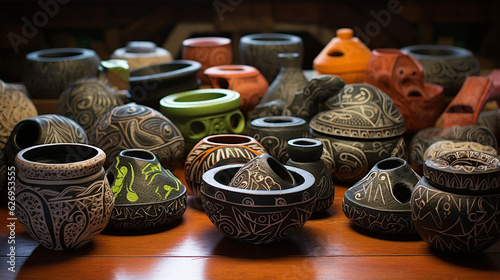An array of vibrant and intricately designed Mexican molcajetes and tejolotes, celebrating the art of grinding spices Generative AI