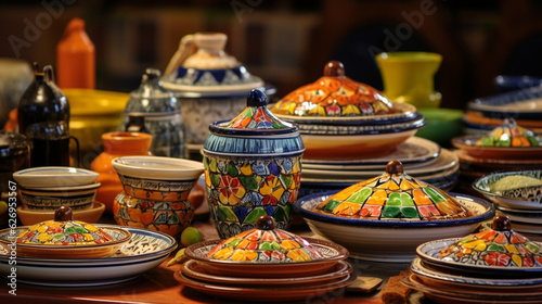 A captivating collection of Moroccan tagines and colorful ceramic bowls, capturing the essence of North African cuisine Generative AI